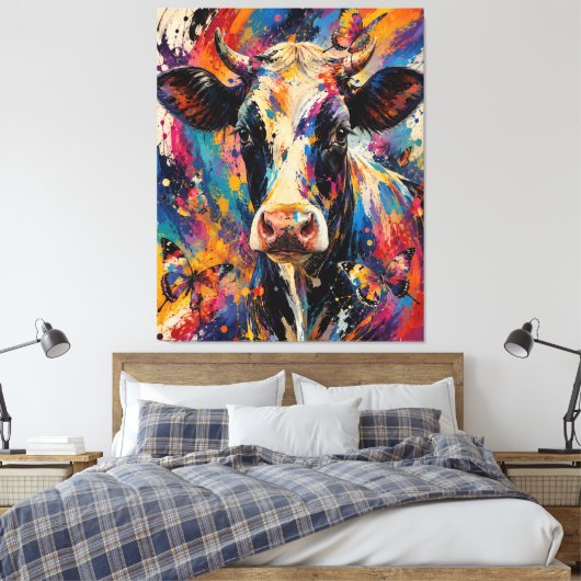 Kleurrijke Abstracte Koe Schildering met Vlinders Canvas Afdruk (Insitu (Slaapkamer))