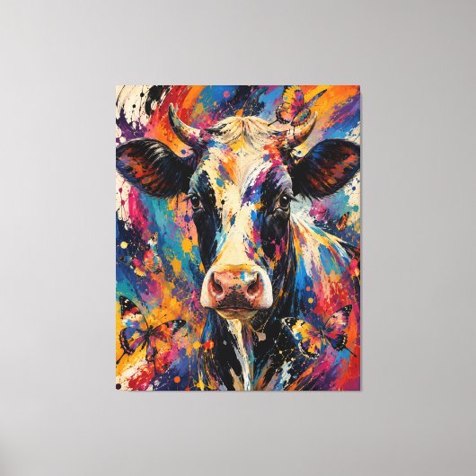 Kleurrijke Abstracte Koe Schildering met Vlinders Canvas Afdruk (Voorkant)