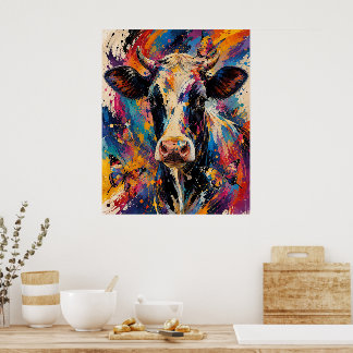 Kleurrijke Abstracte Koe Schildering met Vlinders Poster