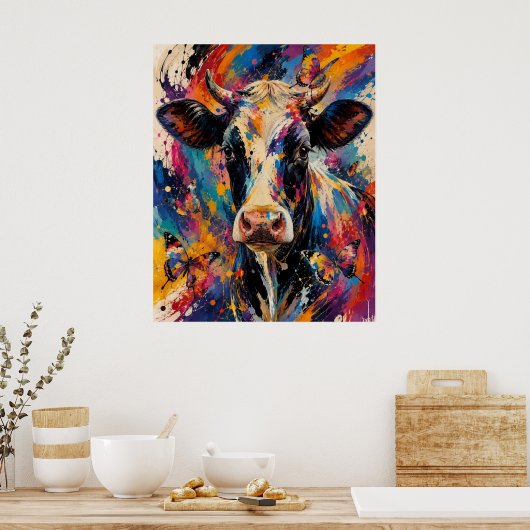 Kleurrijke Abstracte Koe Schildering met Vlinders Poster (Keuken)
