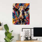 Kleurrijke Abstracte Koe Schildering met Vlinders Poster (Thuiskantoor)