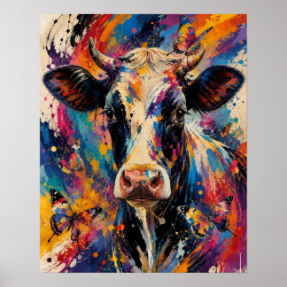 Kleurrijke Abstracte Koe Schildering met Vlinders Poster