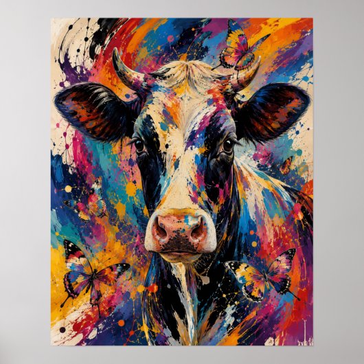 Kleurrijke Abstracte Koe Schildering met Vlinders Poster (Voorkant)