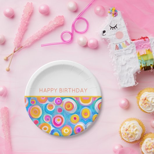 Kleurrijke Abstracte kringen Artiest HAPPY BIRTHDA Papieren Bordje (Feest)