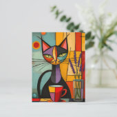 Kleurrijke Abstracte kubist Cat & Coffee Briefkaart (Staand voorkant)