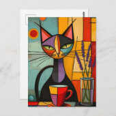 Kleurrijke Abstracte kubist Cat & Coffee Briefkaart (Voorkant / Achterkant)