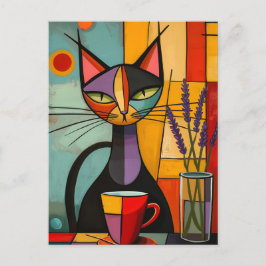 Kleurrijke Abstracte kubist Cat & Coffee Briefkaart