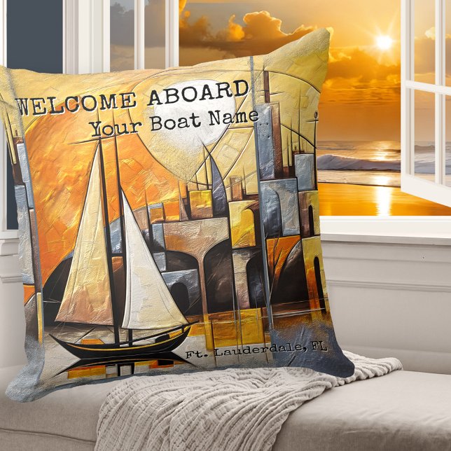 Kleurrijke Abstracte Kunst Zeilboot Nautisch Kussen (Colorful artistic pillow with a nautical theme, showing an abstract fine art painting of a sailboat)