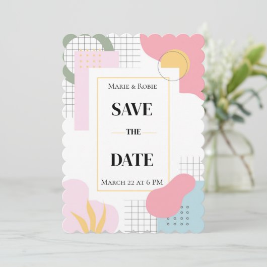 Kleurrijke Abstracte Memphis Huwelijk Save The Date (Staand voorkant)