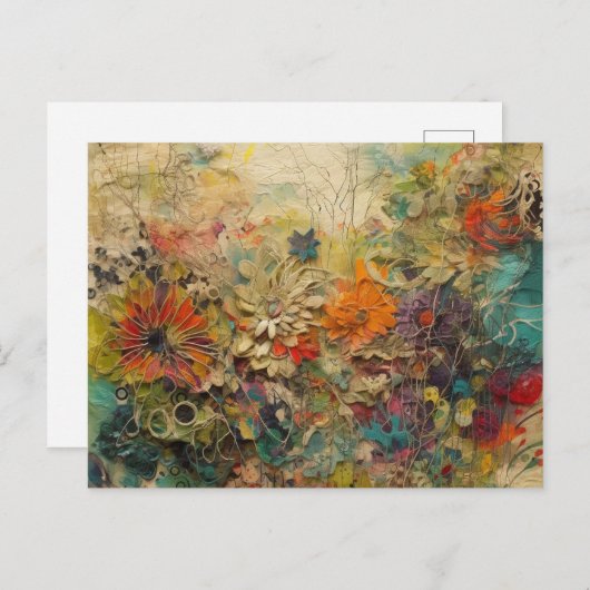 Kleurrijke Abstracte Mixed Media Bloemen Collage Briefkaart (Voorkant / Achterkant)