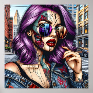 Kleurrijke Abstracte Mooie Dame met Paars Haar Poster