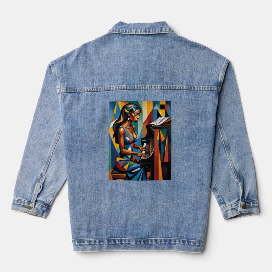 Kleurrijke Abstracte Muzikant Spelen Piano T-shirt Denim Jacket (Achterkant)