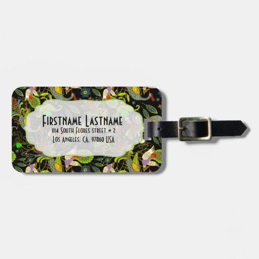 Kleurrijke Abstracte pacocks op zwarte achtergrond Bagagelabel (Voorkant horizontaal)