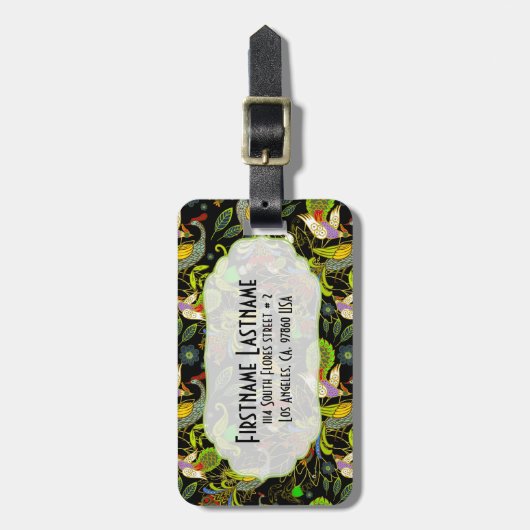 Kleurrijke Abstracte pacocks op zwarte achtergrond Bagagelabel (Voorkant verticaal)