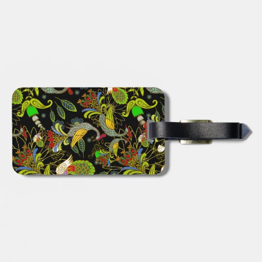 Kleurrijke Abstracte pacocks op zwarte achtergrond Bagagelabel (Achterkant horizontaal)