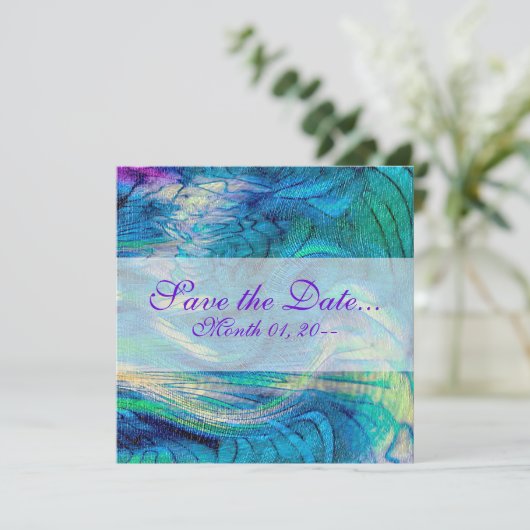 Kleurrijke Abstracte Peacock Art-aankondigingen Save The Date (Staand voorkant)