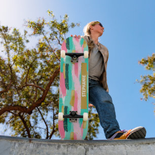 Kleurrijke Abstracte penseelstreken - Mint & Pink  Persoonlijk Skateboard