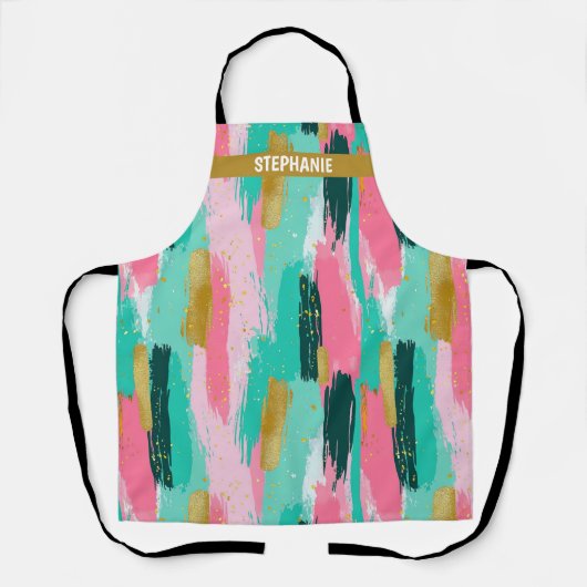 Kleurrijke Abstracte penseelstreken - Mint & Pink Schort (Voorkant)