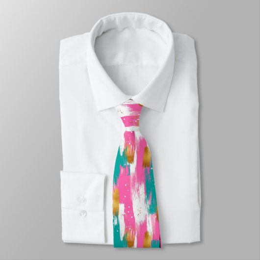 Kleurrijke Abstracte penseelstreken - Mint & Pink Stropdas (Gebonden)