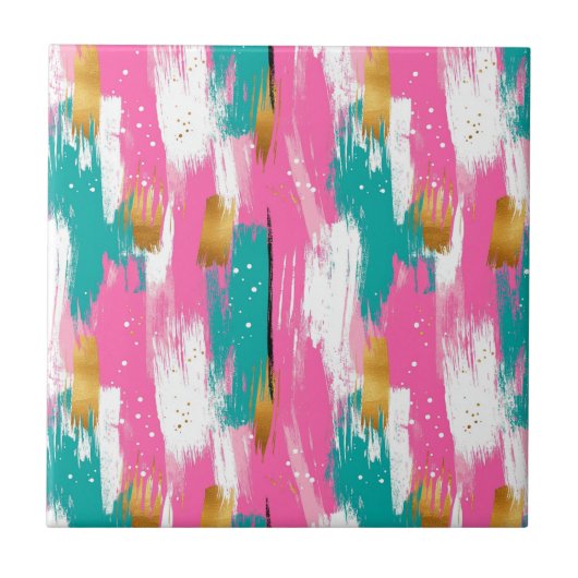 Kleurrijke Abstracte penseelstreken - Mint & Pink  Tegeltje (Voorkant)