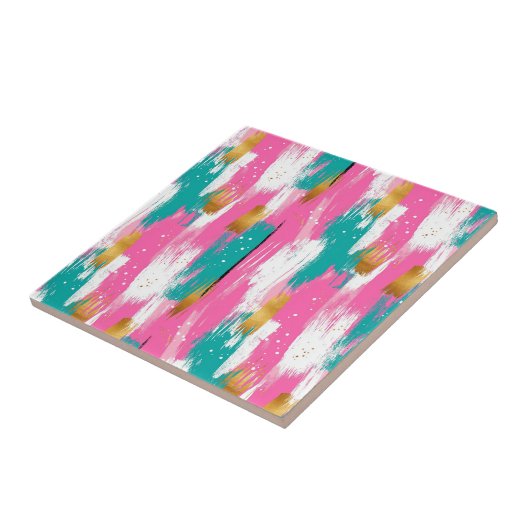 Kleurrijke Abstracte penseelstreken - Mint & Pink  Tegeltje (Zijkant)