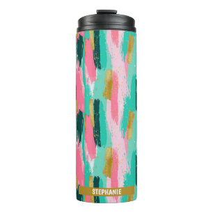 Kleurrijke Abstracte penseelstreken - Mint & Pink  Thermosbeker