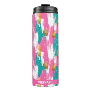 Kleurrijke Abstracte penseelstreken - Mint & Pink  Thermosbeker