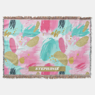 Kleurrijke Abstracte penseelstreken - Mint & Roze  Deken