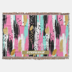 Kleurrijke Abstracte penseelstreken - Mint & Roze Deken