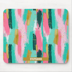 Kleurrijke Abstracte Penseelstreken - Mint & Roze Muismat