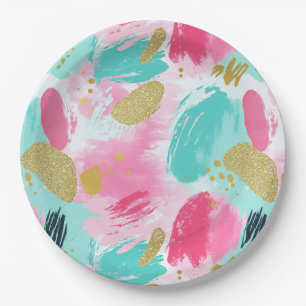 Kleurrijke Abstracte penseelstreken - Mint & Roze Papieren Bordje