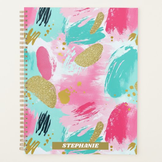 Kleurrijke Abstracte penseelstreken - Mint & Roze Planner (Voorkant)