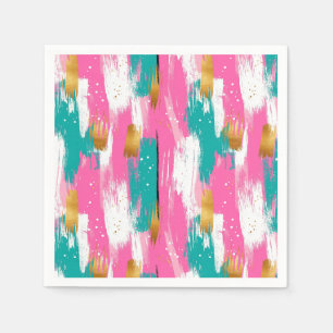 Kleurrijke Abstracte Penseelstreken - Mint & Roze  Servet