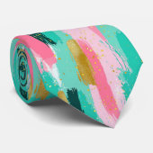 Kleurrijke Abstracte Penseelstreken - Mint & Roze Stropdas (Opgerold)
