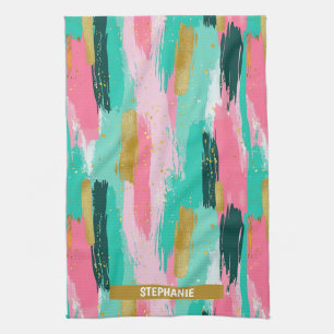 Kleurrijke Abstracte Penseelstreken - Mint & Roze Theedoek