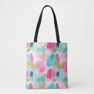 Kleurrijke Abstracte penseelstreken - Mint & Roze Tote Bag