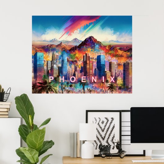 Kleurrijke Abstracte Phoenix Arizona Skyline Poste Poster (Thuiskantoor)
