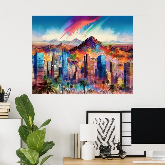 Kleurrijke Abstracte Phoenix Arizona Skyline Poste Poster (Thuiskantoor)