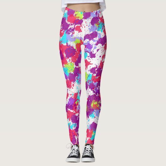 Kleurrijke Abstracte plakband verf, rood en Paars Leggings (Voorkant)