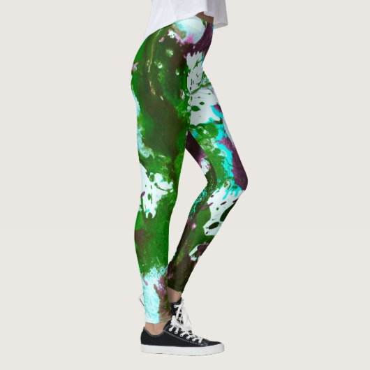 Kleurrijke Abstracte platter Verf Groen en Paars Leggings (Rechts)