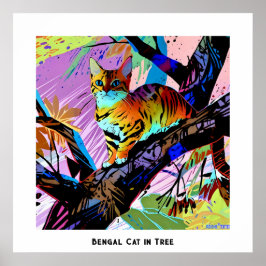 Kleurrijke Abstracte Pop Art Bengal Cat in Tree Poster