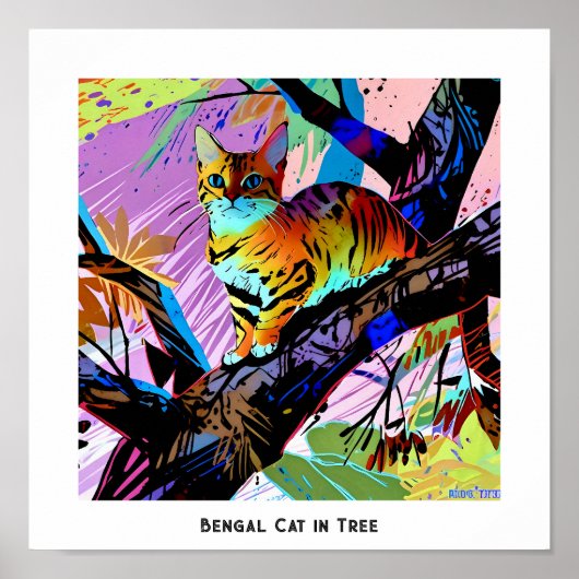 Kleurrijke Abstracte Pop Art Bengal Cat in Tree Poster (Voorkant)