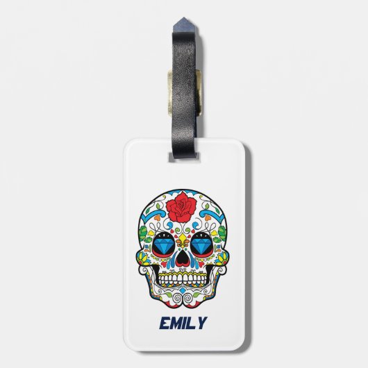 Kleurrijke Abstracte Retro Sugar Skull Red Rose Bagagelabel (Achterkant verticaal)