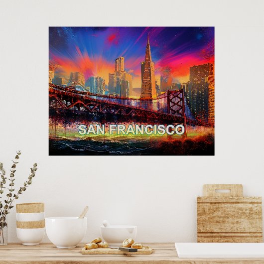 Kleurrijke Abstracte San Francisco Skyline Poster (Keuken)