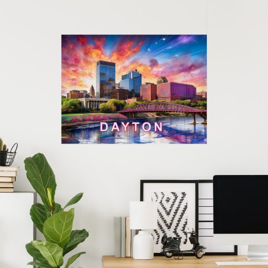 Kleurrijke Abstracte Silhouet van Dayton, Ohio Poster (Thuiskantoor)