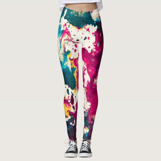 Kleurrijke Abstracte Splatter Verf Blauwgroen en M Leggings (Voorkant)