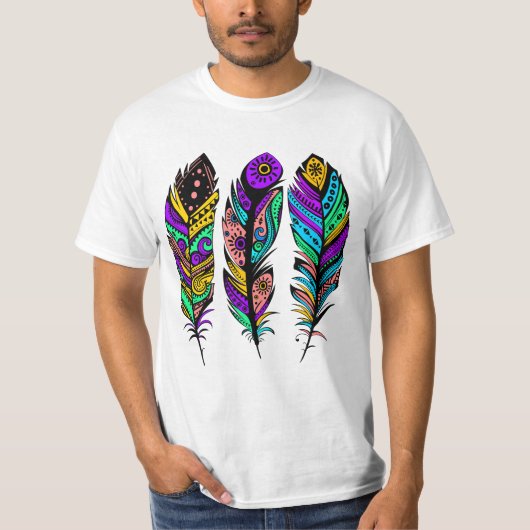 Kleurrijke Abstracte Tribal Feathers Illustratie T-shirt (Voorkant)