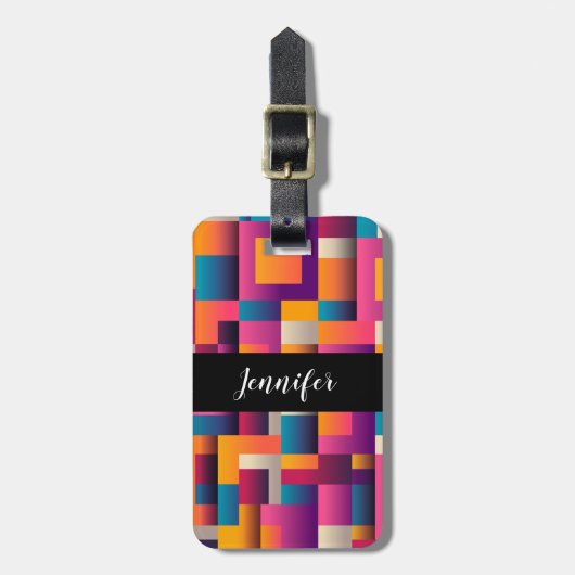 Kleurrijke Abstracte vierkantjes en vormen Bagagelabel (Voorkant verticaal)