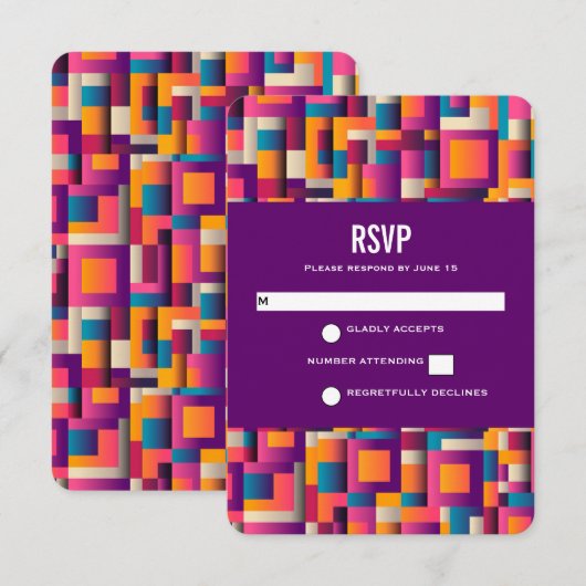 Kleurrijke Abstracte vierkantjes en vormen RSVP Kaartje (Voorkant / Achterkant)