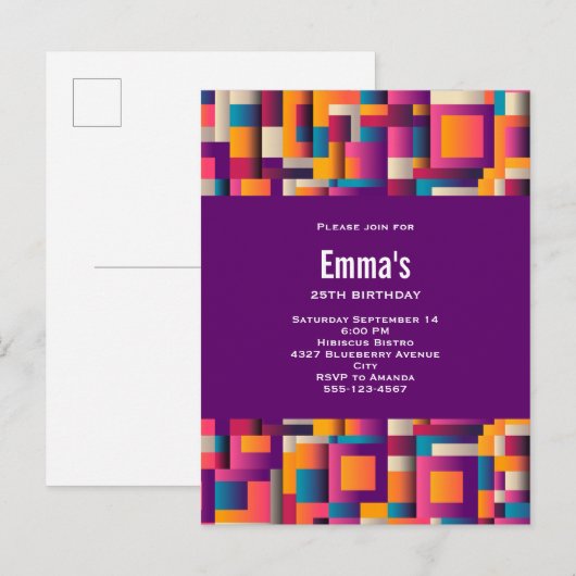 Kleurrijke Abstracte vierkantjes en vormen van zat Uitnodiging Briefkaart (Voorkant / Achterkant)